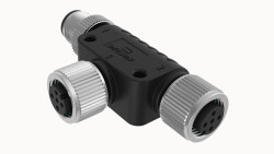 M12 B-KOD 5 PİN T DAĞITIM KONNEKTÖRÜ M12 5 PİN GİRİŞ BAĞLANTI UCU DİŞİ, M12 5 PİN ÇIKIŞ 1 BAĞLANTI UCU ERKEK, M12 5 PİN ÇIKIŞ 2 BAĞLANTI UCU DİŞİ DEGSON